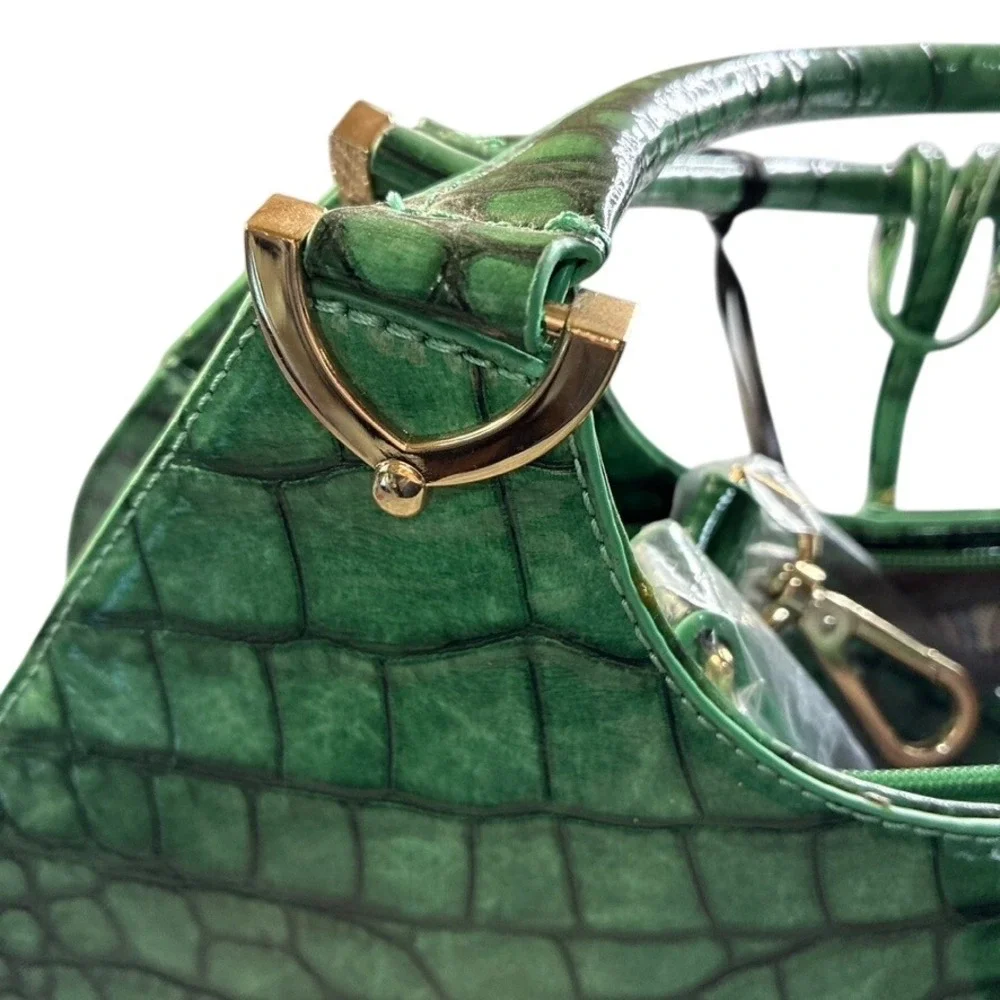 NEW Miracle Zone Green Croc Embossed Satchel Handbag Gold Hardware NJ0001 GN